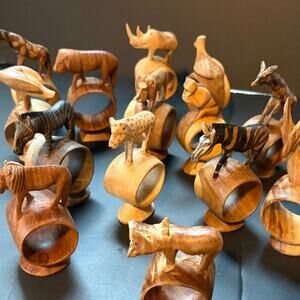 Lot of Fourteen(14) African Safari Hand Carved Wood Animal Napkin Rings